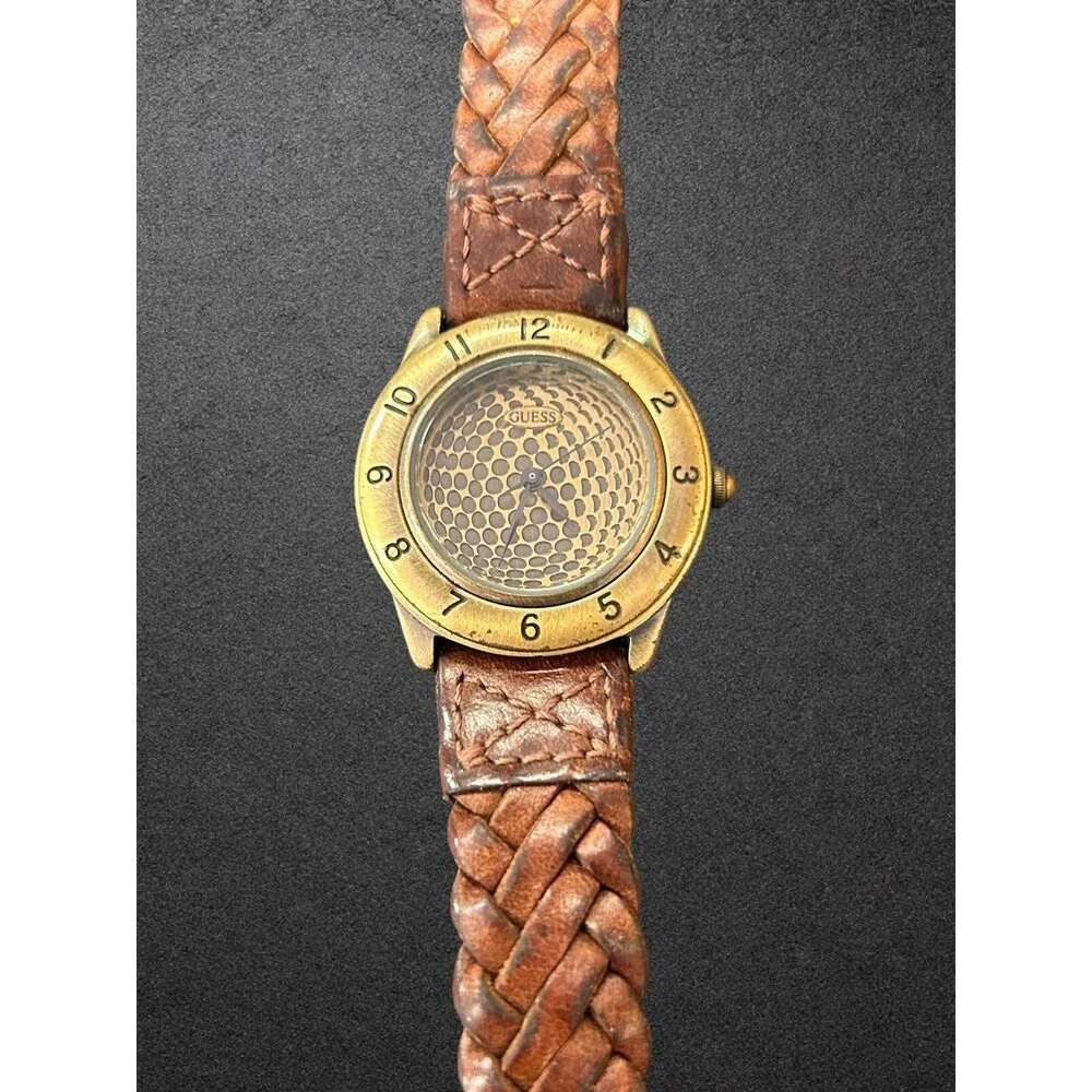 Vintage Guess Watch 1990s Braided Leather Strap Gold Tone FOR PARTS REPAIR